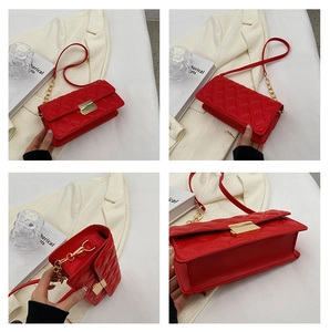 Detailed multi-angle views of a red quilted chain shoulder bag with gold hardware