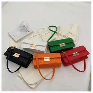 Detailed display of five colorful quilted crossbody bags with chain straps and gold buckles