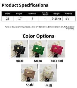 Detailed size chart and specifications for quilted chain shoulder bag with five colors