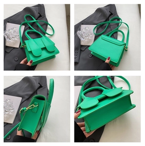 Meerdere aanzichten van een felgroene crossbodytas met handvat en getextureerde look