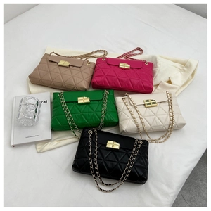Quilted chain shoulder bags displayed in five colors with golden twist locks
