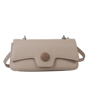 Minimalist beige leather crossbody bag with button detail and contrast stitching
