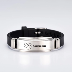 Détail du bracelet médical en silicone réglable avec logo de vie et texte Coumadin