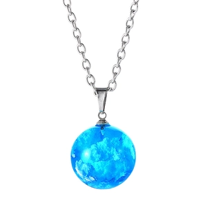 Blue sky cloud sphere pendant necklace with silver chain on white background