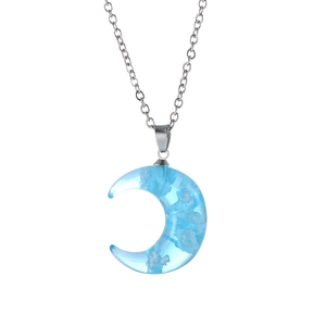 Blue sky and white cloud resin pendant necklace with silver moon shape and metal chain