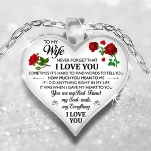 Silver heart necklace for wife with red rose and romantic message on sparkly background