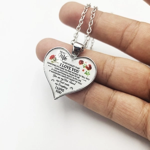 Heart pendant necklace with emotional message to wife and red rose detail