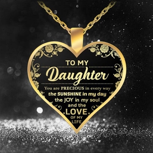 Golden heart pendant necklace for daughter with engraved floral patterns and poetry