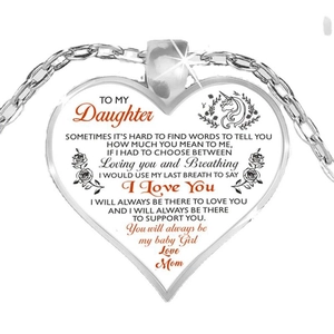 Heart pendant necklace for daughter with unicorn and rose engraving on white background