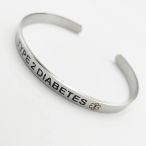 Silver medical alert cuff bracelet with red medical star and Type 2 Diabetes engraving