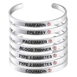 Adjustable stainless steel medical alert cuff bracelets with red Star of Life and warnings