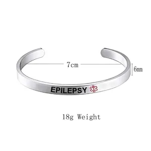 Silver stainless steel Epilepsy medical alert cuff bracelet with red star of life symbol