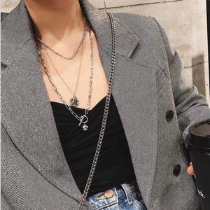 Multi Layered Pendant Necklace Alloy Silver Tone Retro Coin Medallion Metal Ball Toggle Clasp Punk Hip Hop Jewelry Unisex