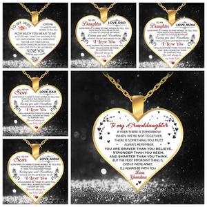 Collection of gold heart necklaces with sentimental messages for wife, son, and family
