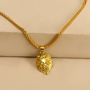 Collier Pendentif Tête De Lion Alliage Plqué Or Strass Hip Hop Fashion Streetwear Bijoux Homme