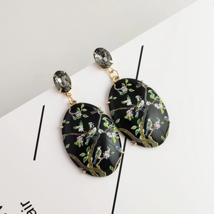 Vintage oval hummingbird earrings with floral acrylic charms and gray gemstones