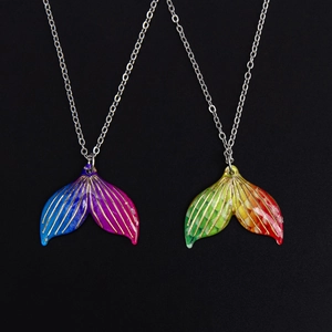Chic mermaid tail pendant necklaces in colorful gradient acrylic with silver chains