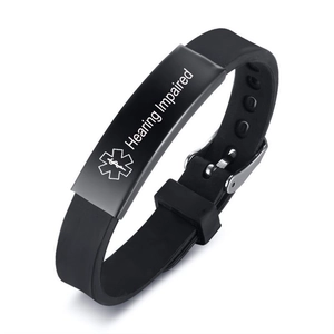Black silicone medical alert bracelet for hearing impaired with star of life sign