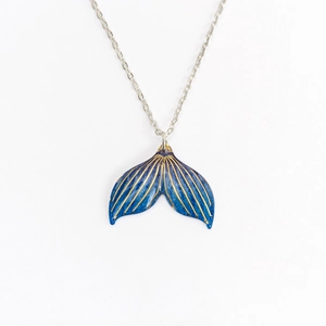 Elegant silver mermaid tail necklace with blue gradient enamel and golden textures
