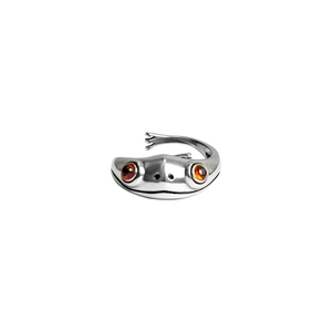 Adjustable silver-tone frog ring with carnelian eye accents on a white background