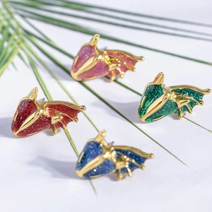 Enamel dragon head stud earrings in red, pink, green, and blue with gold plating