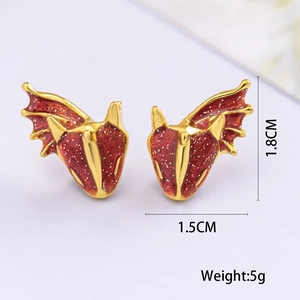 Golden dragon head stud earrings with red enamel detail and precise size dimensions