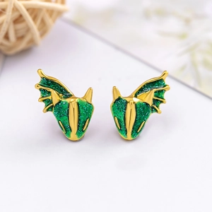 Golden dragon stud earrings with sparkling green enamel wings and mythical design