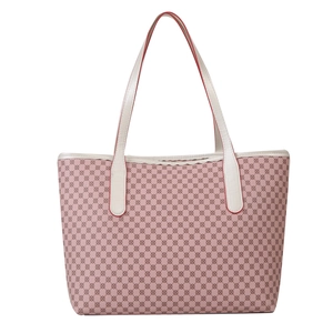Pink vintage pattern large tote bag with white leather handles for daily commute style