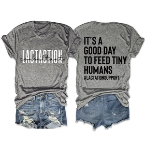 Détails avant et arrière du t-shirt gris Lactation Consultant avec slogan imprimé