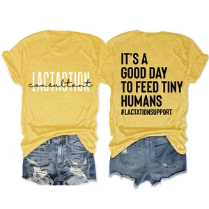 Détails avant et arrière du t-shirt jaune moutarde 'It's a good day to feed tiny humans'