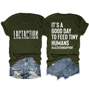 Vue détaillée avant et arrière du t-shirt vert olive avec slogan lactationsupport imprimé