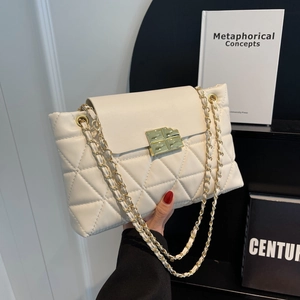 Women Fashion Quilted Shoulder Bag Gold Chain Crossbody Bag PU Leather Rhombus Pattern Small Square Bag With Lock Lady Gift
