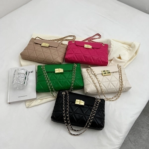 Set of quilted chain shoulder bags with metallic locks in khaki, pink, white, and black