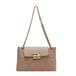 Quilted pink shoulder bag with gold square lock and elegant chain strap in a soft finish