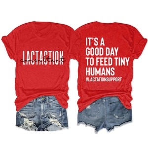 Détails recto-verso du t-shirt rouge avec l'inscription 'It's a good day to feed tiny humans'