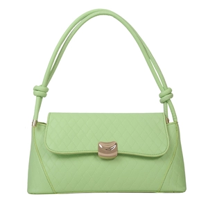 Elegant light green quilted leather shoulder bag with gold metal buckle and knotted strap