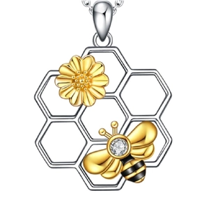 Sunflower and honey bee pendant on hexagonal honeycomb chain necklace in gold finish