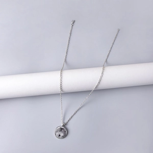 Dettaglio della collana argentata con ciondolo rotondo in vetro e motivo totem lupo