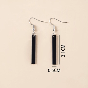 Detailed dimensions of minimalist black rectangular pendant earrings with silver hooks