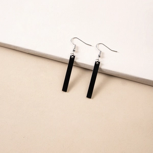 Minimalist matte black rectangular bar drop earrings with silver fishhook ear wire hooks