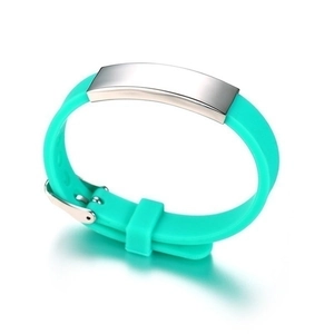 Detail of mint green silicone medical alert bracelet with adjustable stainless steel buckle