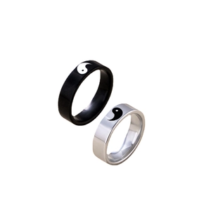 Bagues de couple Tai Chi Yin Yang assorties en acier inoxydable poli noir et argent