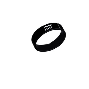 Black stainless steel Aquarius zodiac ring with laser engraved white wave symbol