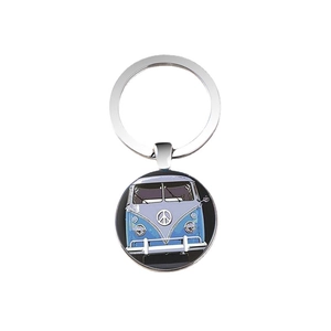 Retro peace symbol key ring with blue vintage bus art and round alloy pendant charms