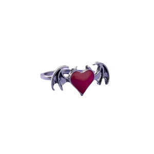 Vintage Gothic demon wing ring with red heart, punk hip-hop style jewelry for women