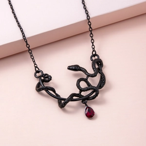 Vintage Gothic Snake Pendant Necklace Black Alloy Red Waterdrop Rhinestone Animal Clavicle Chain Jewelry For Women