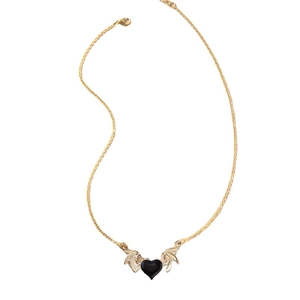Gothic punk devil wing heart pendant necklace in gold finish with black oil drop design