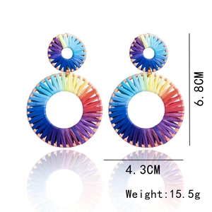 Detail van regenboog raffia geweven dubbele creolen met 6,8 cm lengte afmetingen