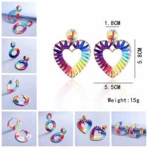 Boheemse Regenboog Handgeweven Raffia Hart Ovaal Legering Verguld Stro Gevlochten Geometrische Grote Oorbellen Voor Vrouwen Sieraden