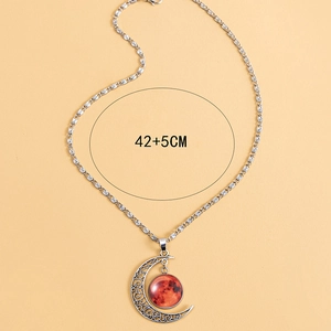 Luminous moon necklace with 42+5cm silver chain and glowing red celestial glass pendant
